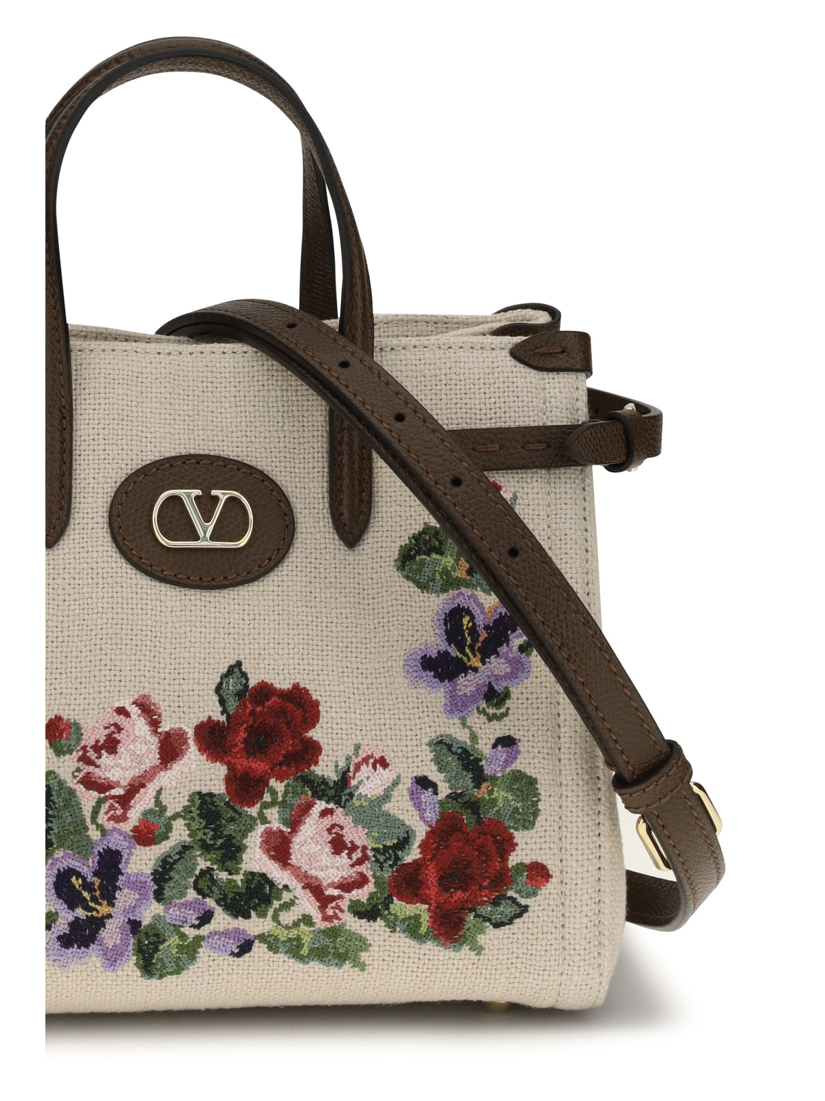 Valentino Garavani Antibes Mini Handbag in embroidered linen - Ecru/Multicolor/Tabac Brown