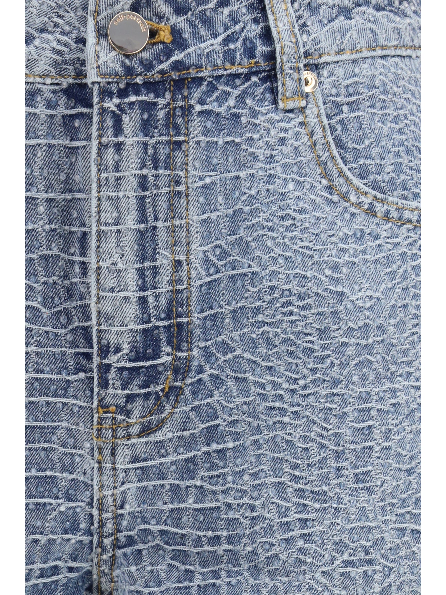 SELF-PORTRAIT Denim Shorts with croc effect and rhinestones
