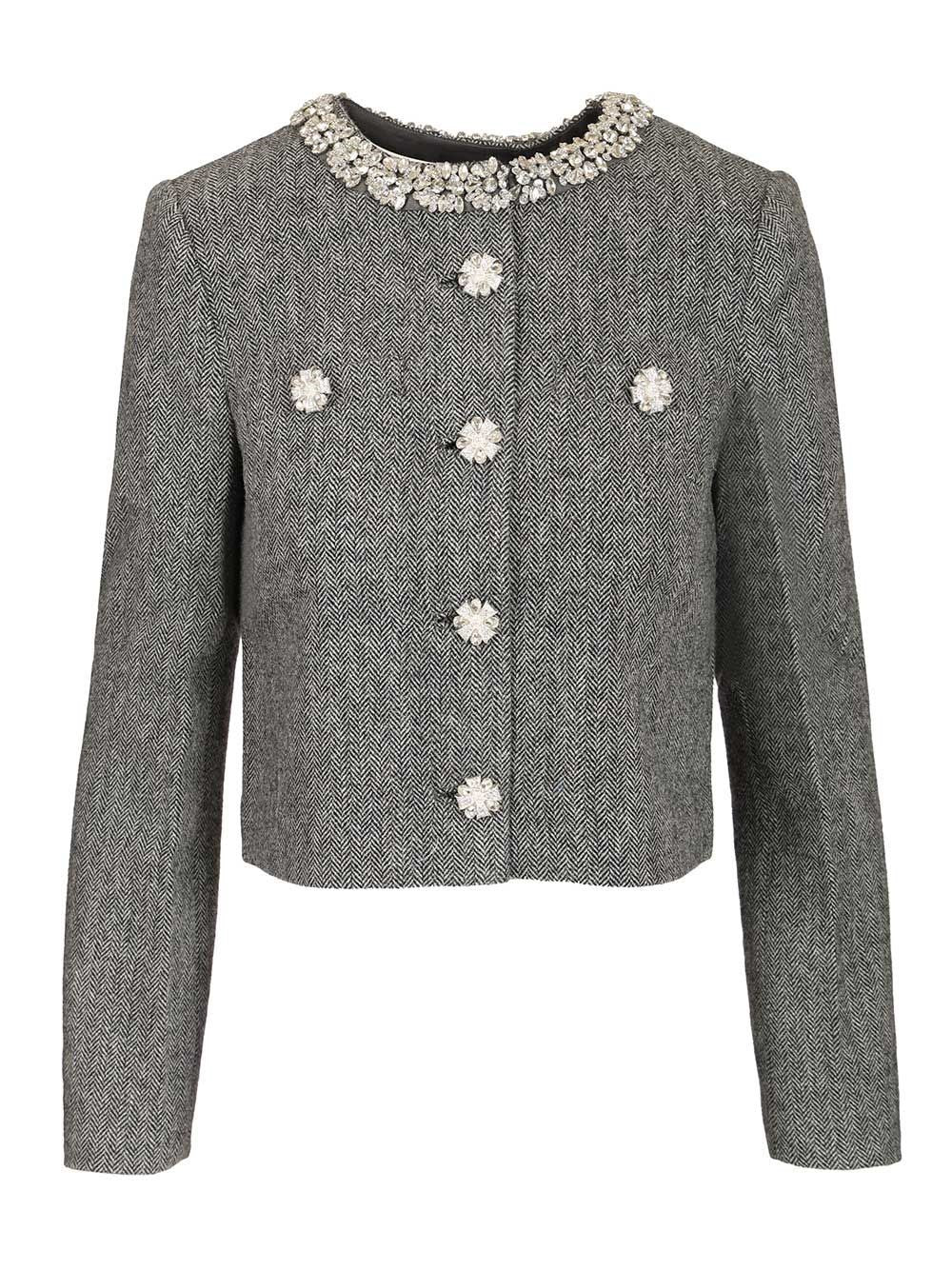 Self-Portrait Herringbone Jacket With Crystal Trim - Grey
