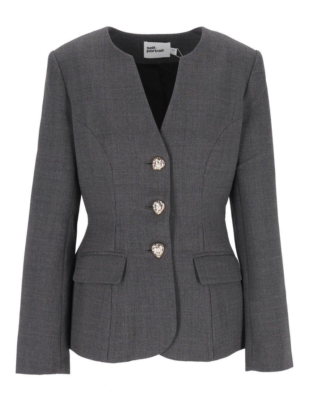Self-Portrait Collarless Jacket - Grey