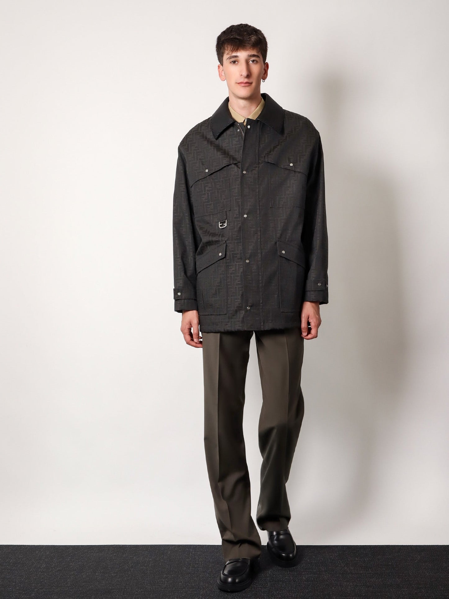 Fendi Ff Fabric Jacket With Leather Collar
