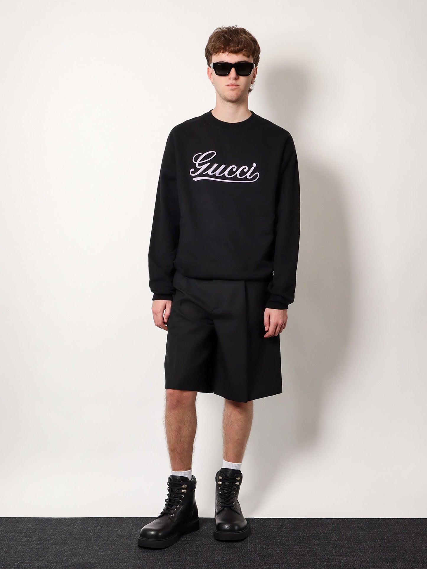 Gucci Cotton Sweatshirt Crew Neck With Ribbed Profiles And Gucci Logo Print On The Front
