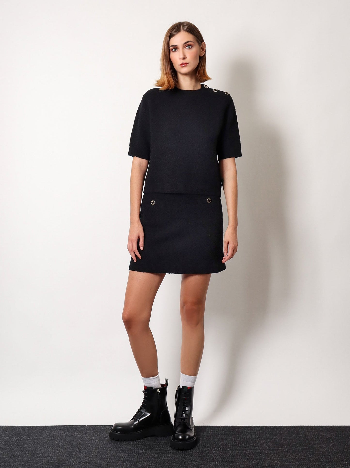 Gucci Wool Skirt With Bouclé Effect, Mini Lenght And Pockets With Ribbed Profiles And Gg Enamelled Buttons