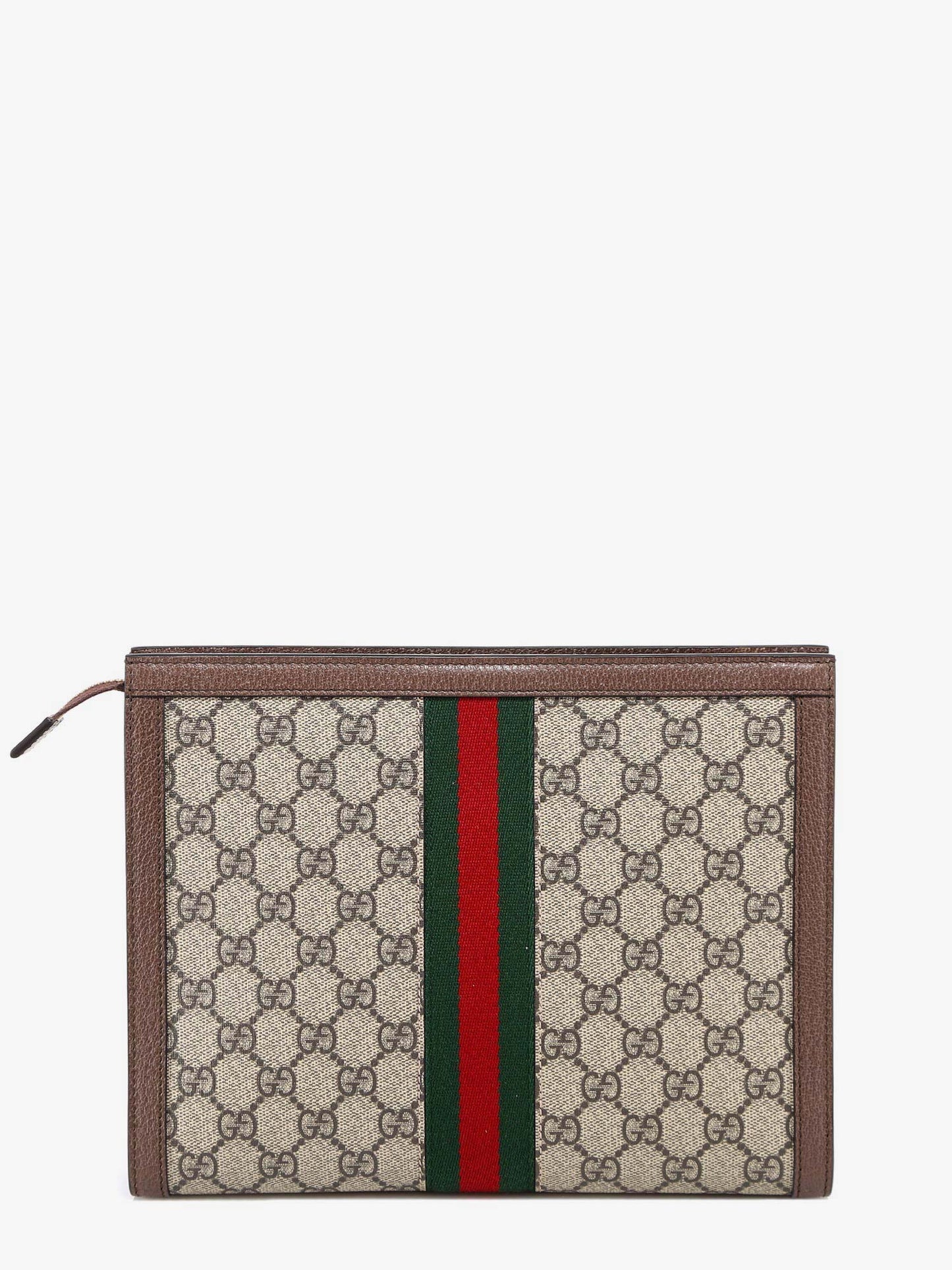 Gucci Gg Supreme Fabric Clutch With Iconic Web Band