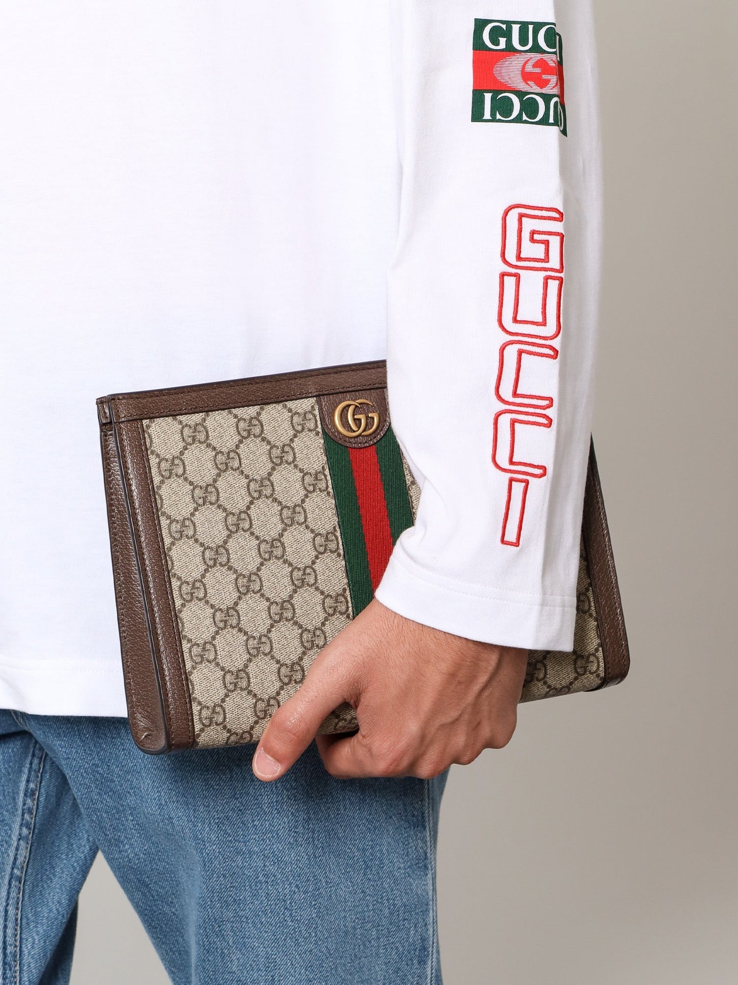 Gucci Gg Supreme Fabric And Leather Clutch
