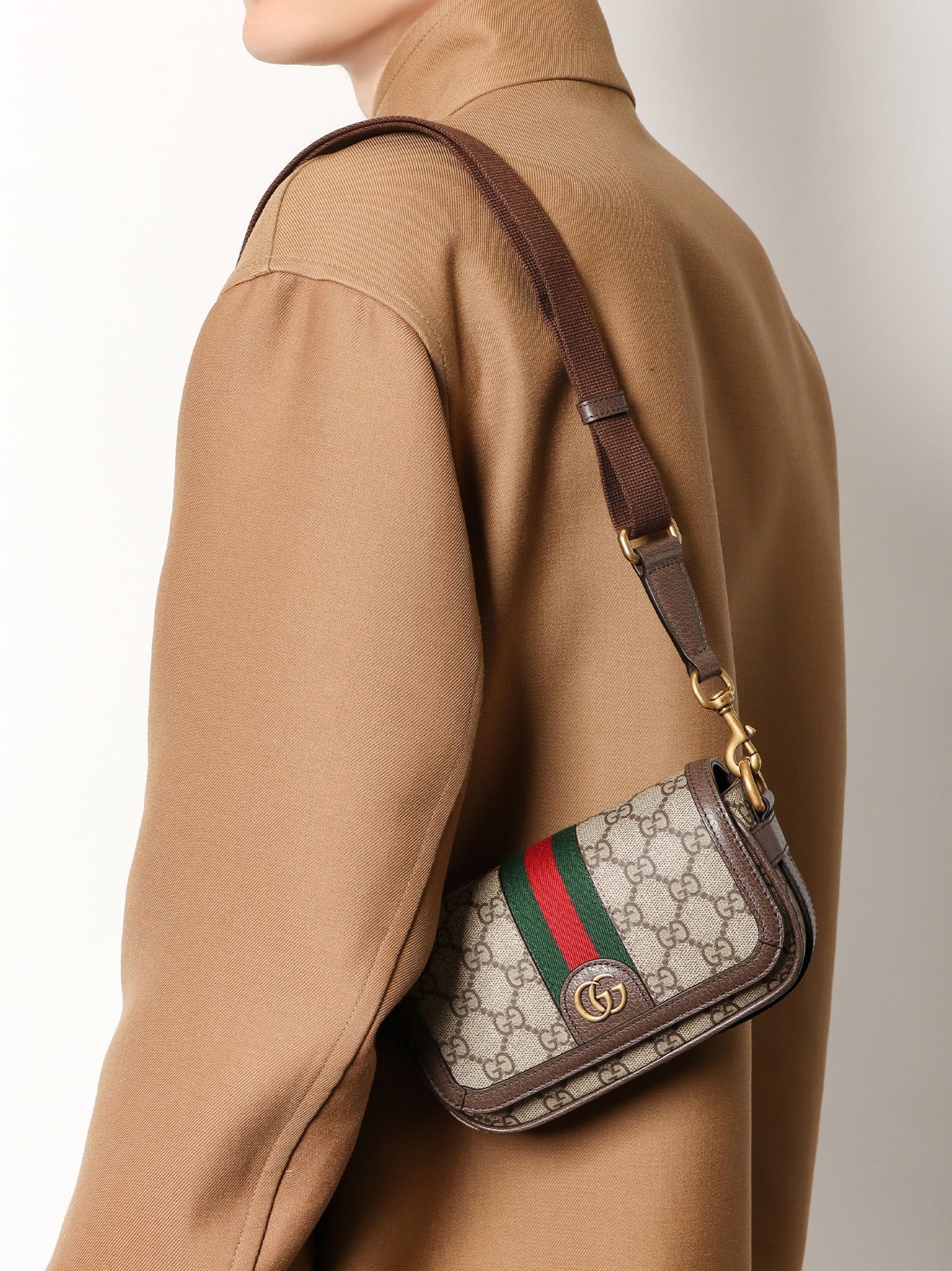 Gucci Gg Supreme Fabric And Leather Shoulder Bag With Frontal Web Band