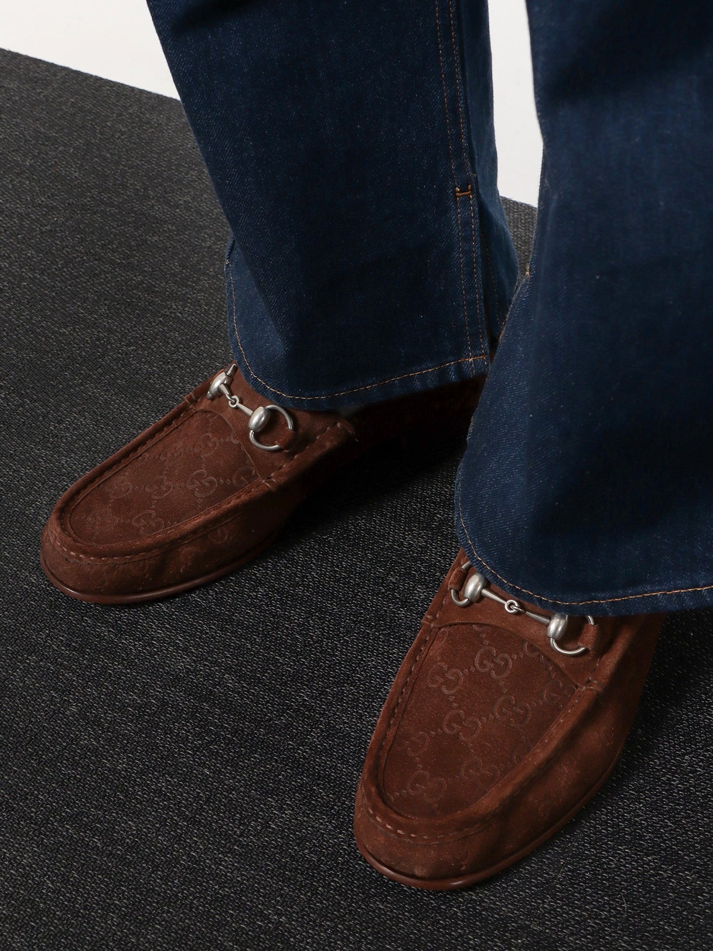 Gucci Suede Loafers With All Over Gg Motif And Iconic Horsebit