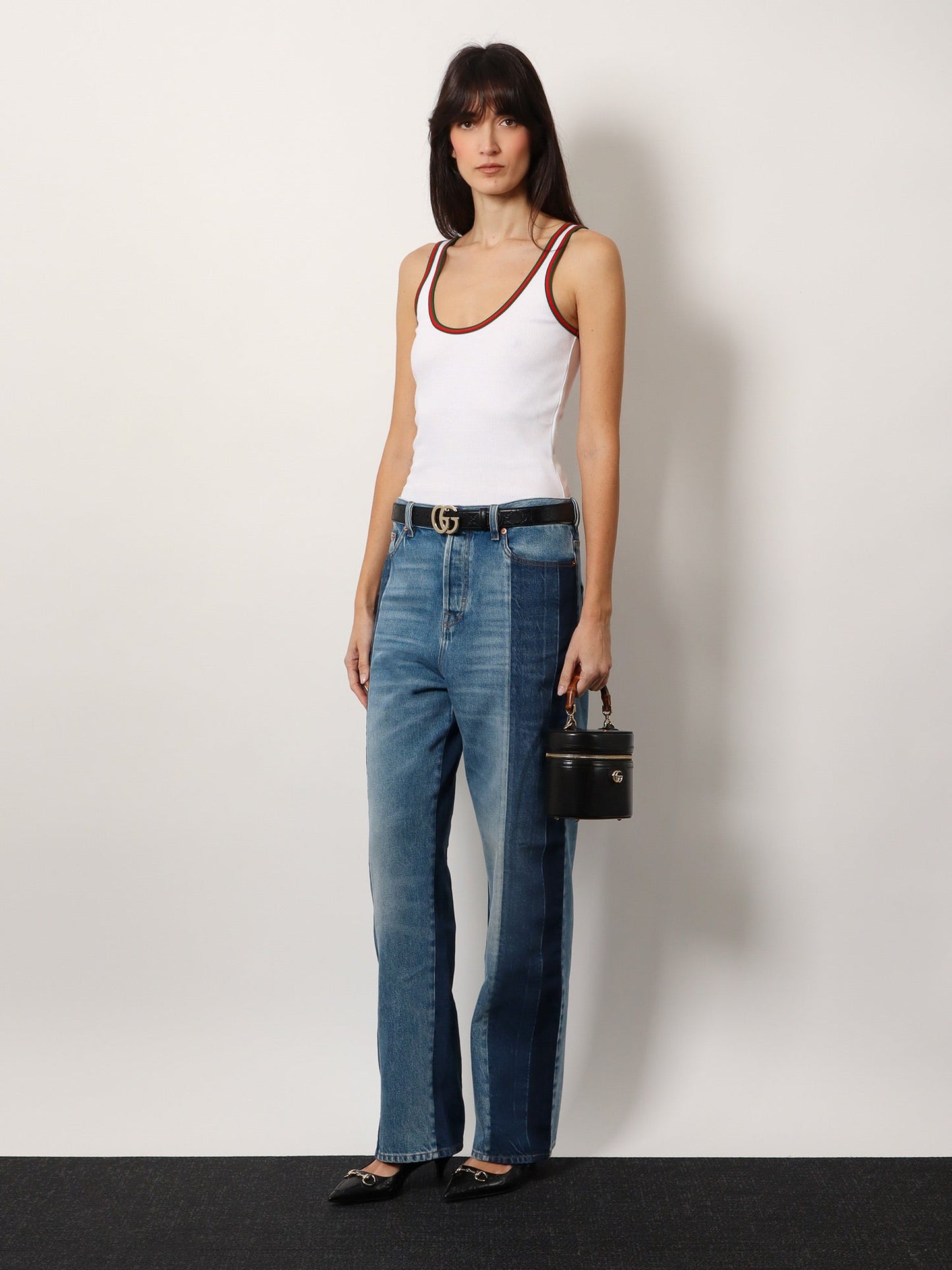 Gucci Patchwork Denim Jeans With Gucci Rosso Ancora