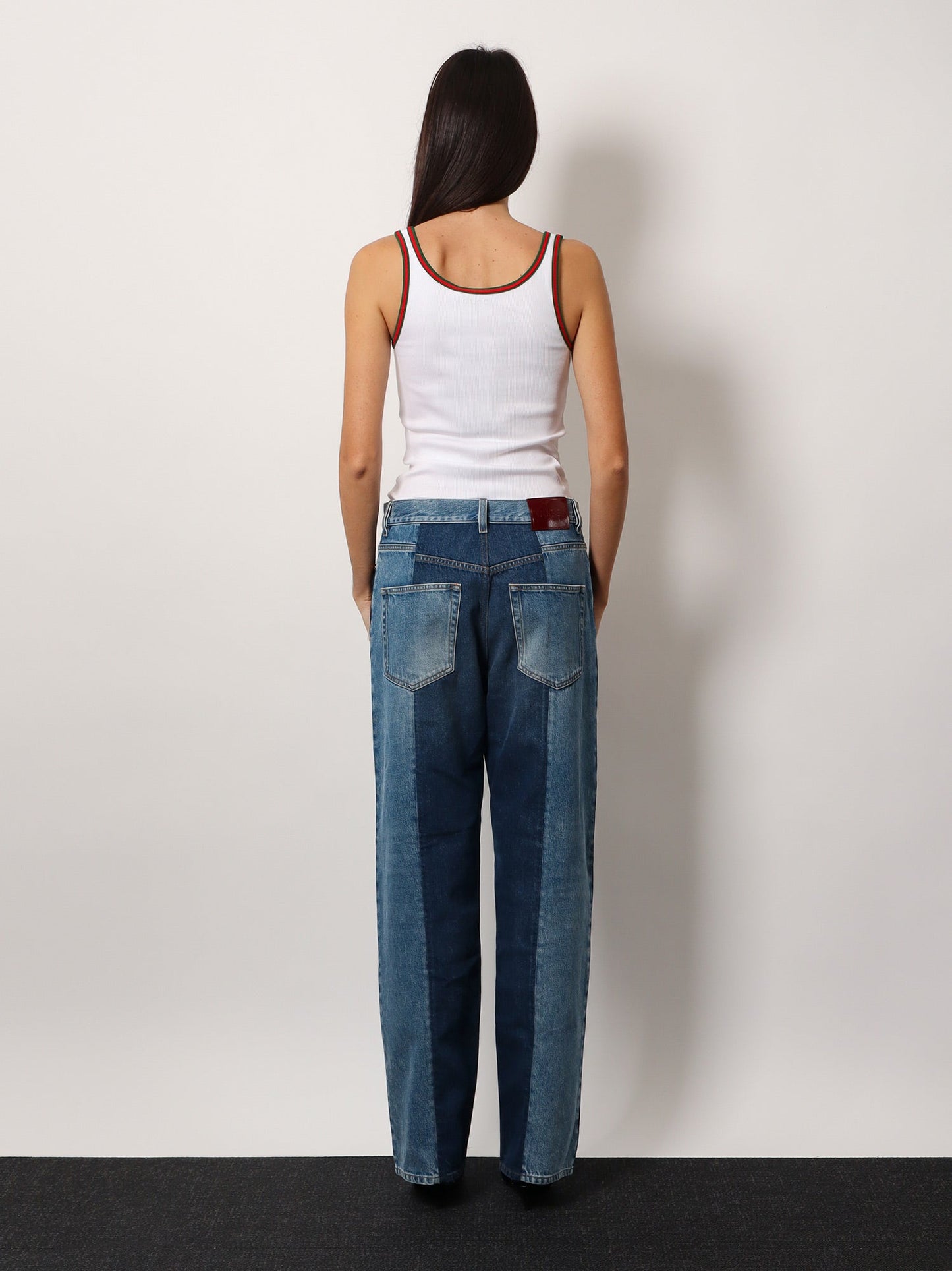 Gucci Patchwork Denim Jeans With Gucci Rosso Ancora