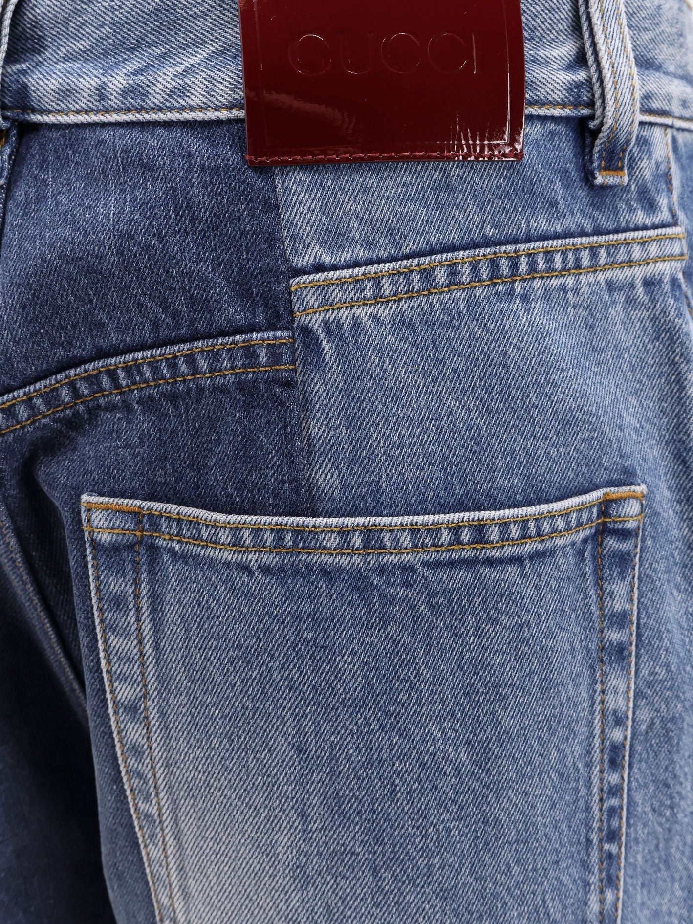 Gucci Patchwork Denim Jeans With Gucci Rosso Ancora
