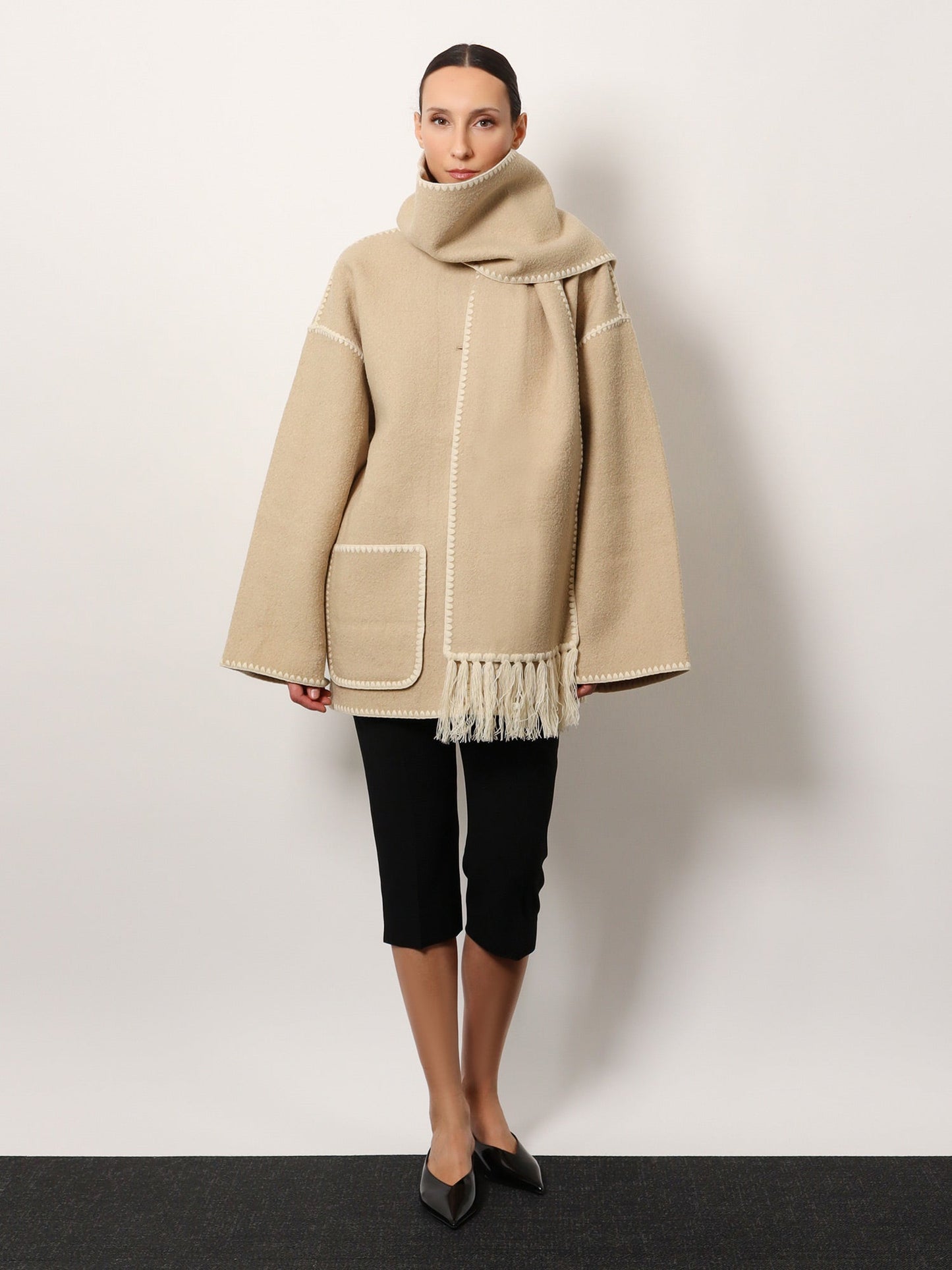 Toteme Wool Blend Coat With Scarf And Embroidery