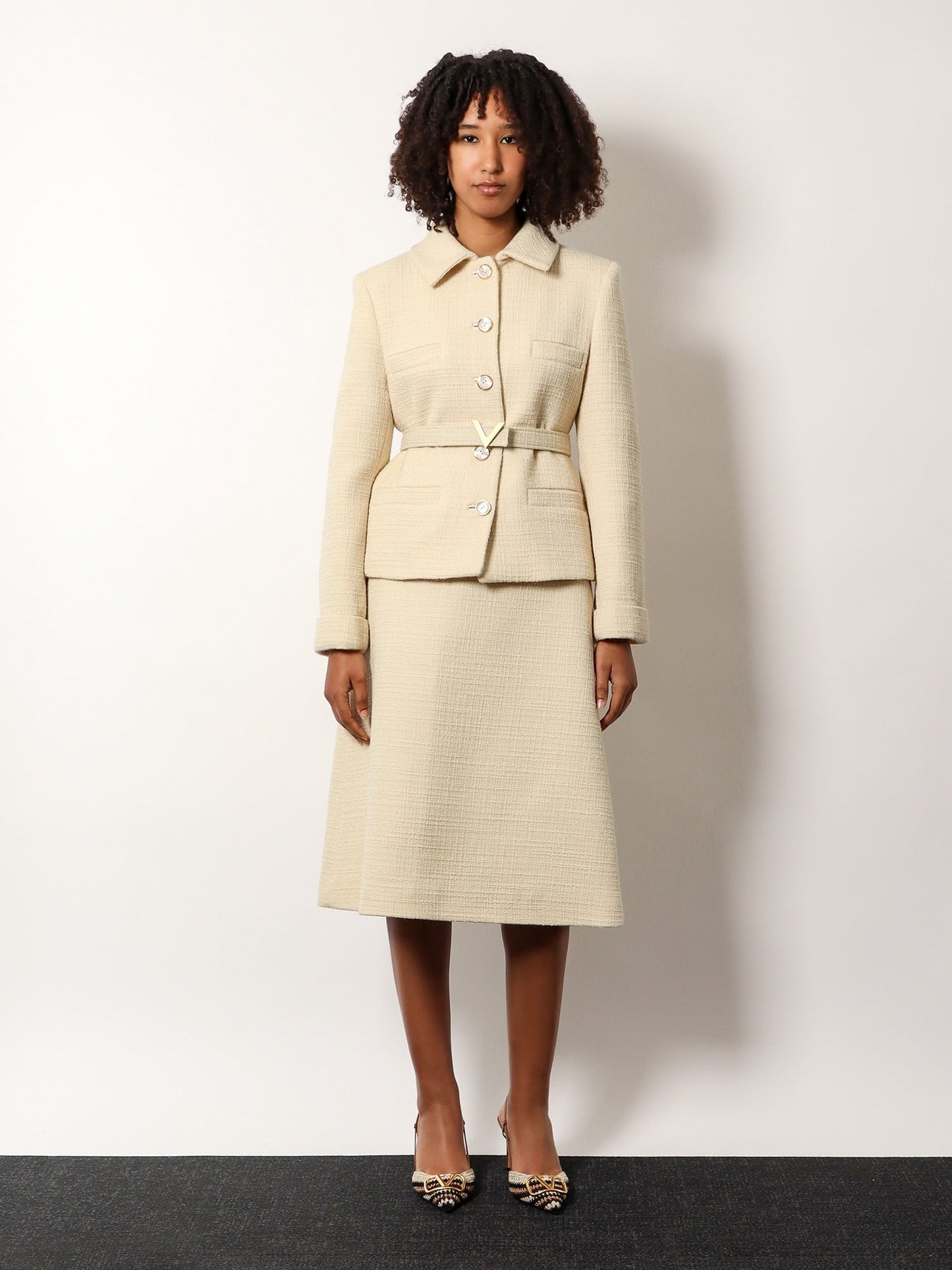 Valentino Wool Blazer With Leather Belt And V Gold Buckle