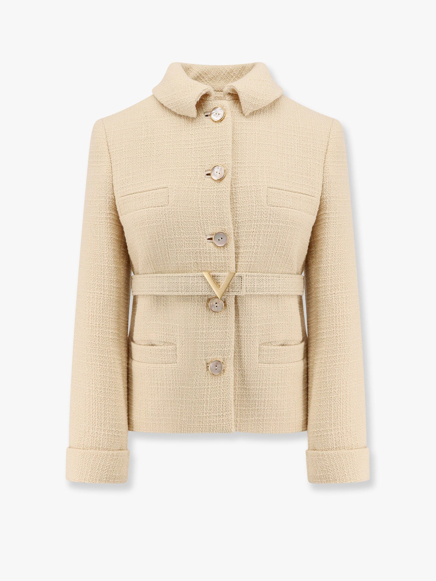 Valentino Wool Blazer With Leather Belt And V Gold Buckle