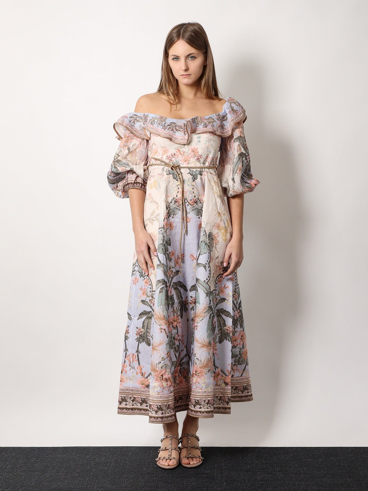 Zimmermann Wylie Off Shoulder Dress With Multicolor Print