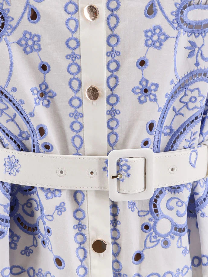 Self Portrait Long Cotton Dress With All Over Contrasting Embroidery