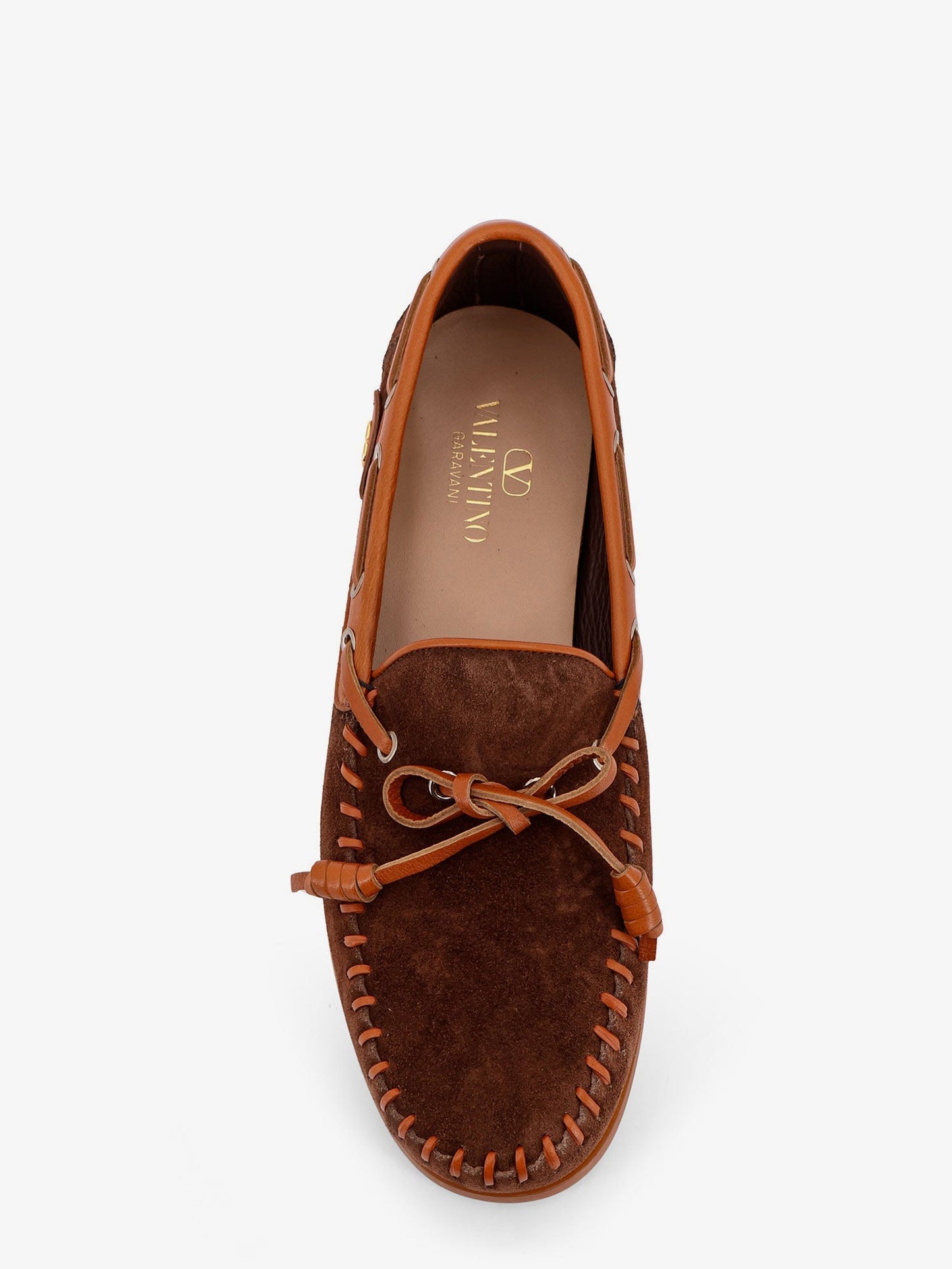 Valentino Garavani Palm Avenue leather and suede boat shoe - Bark Brown Roasted Pecan
