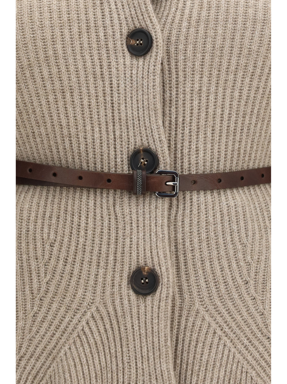 Brunello Cucinelli High neck Cardigan with belt - Brown