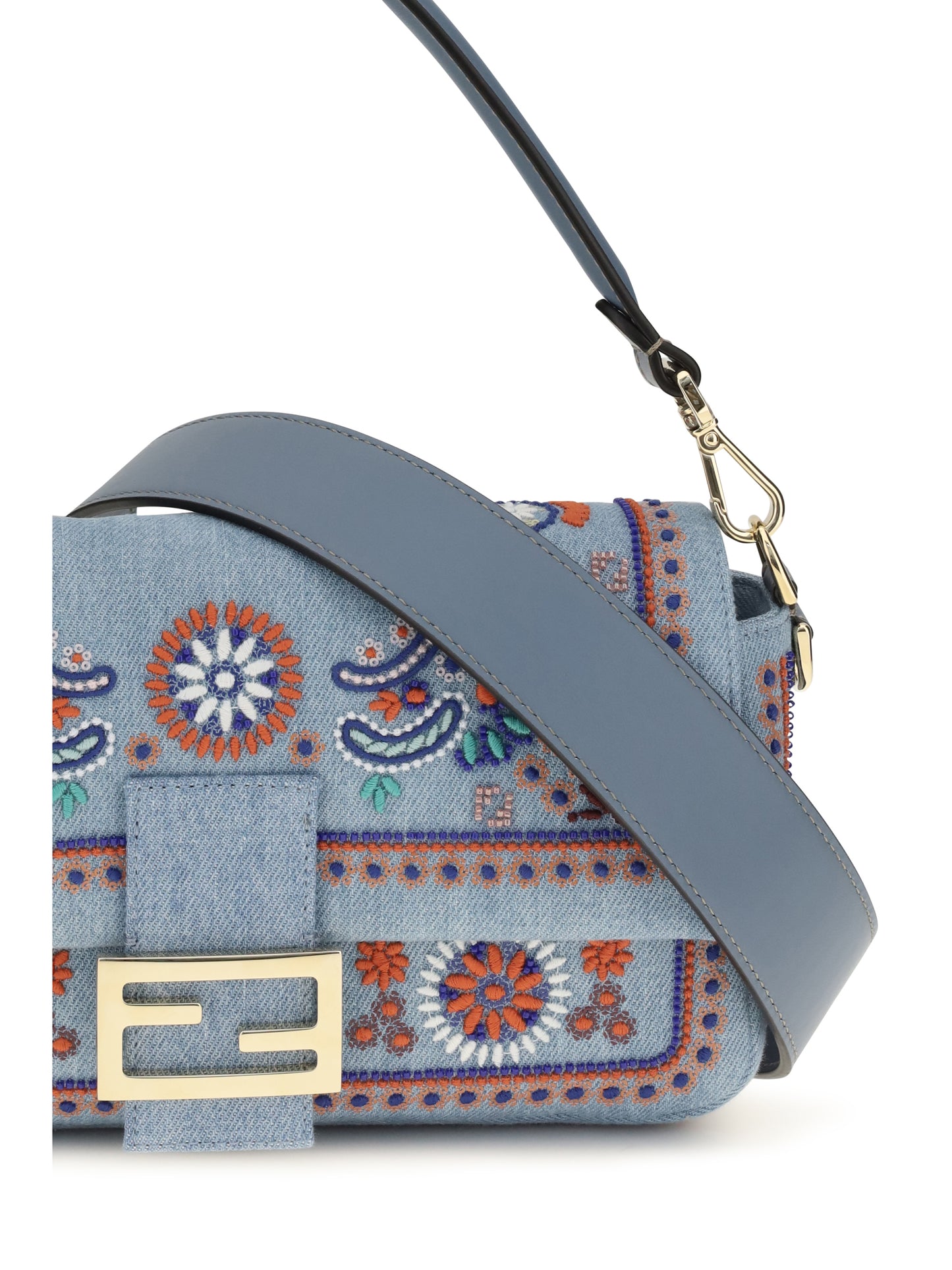 FENDI Multicolor embroidered denim Shoulder Bag