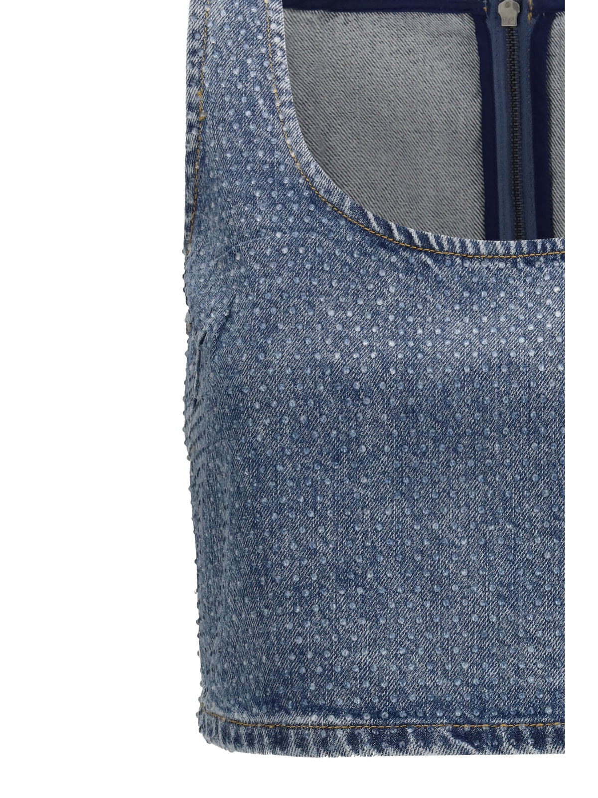 Self-Portrait Rhinestone denim crop Top - Blue