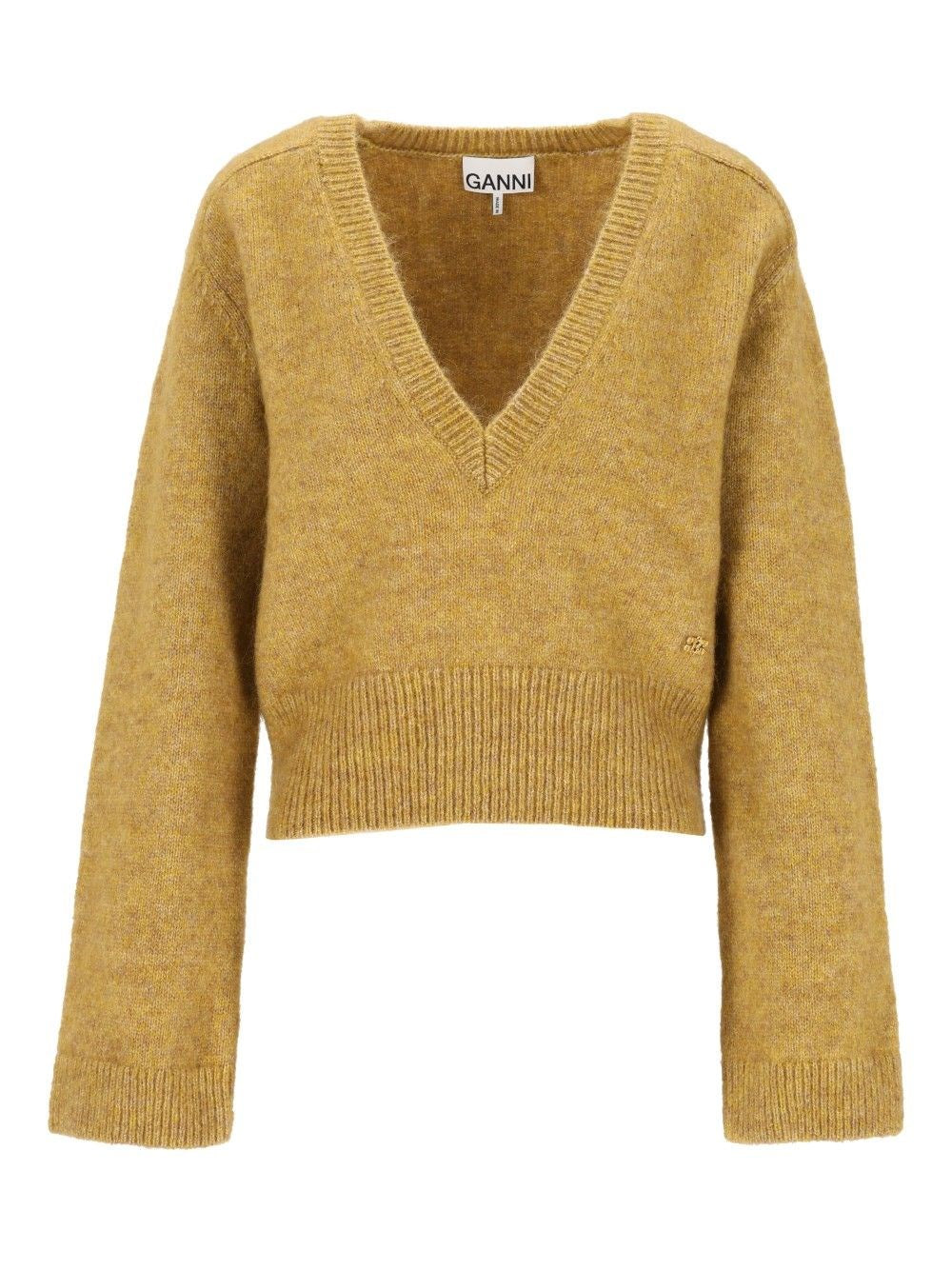 Ganni Deep V-Neck Mohair Sweater - Yellow