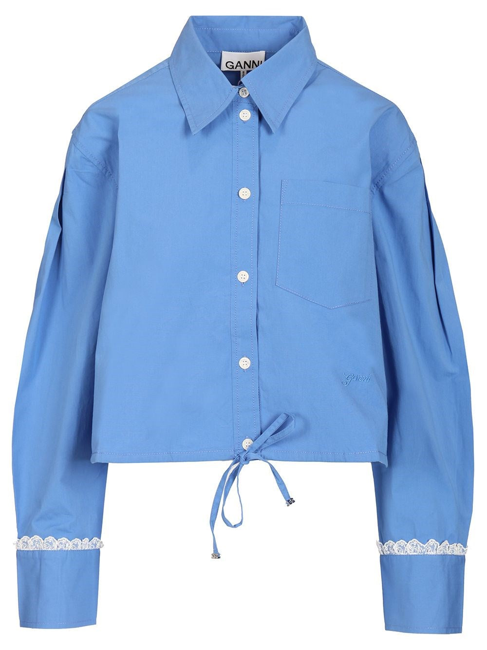 Ganni Cotton Shirt With Lace Details - Sky Blue