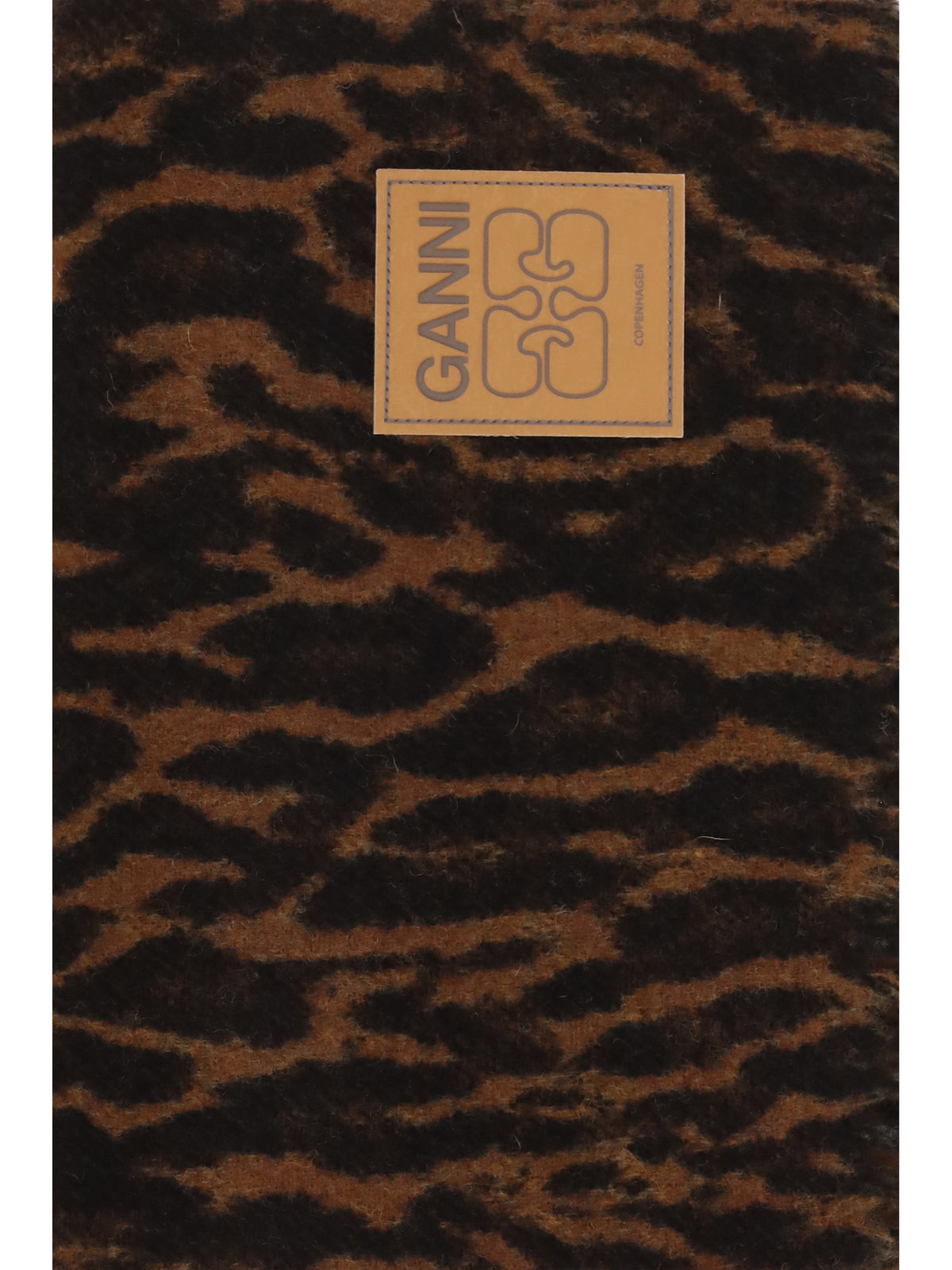 Ganni Leopard print wool Scarf with logo and fringes - Rawhide