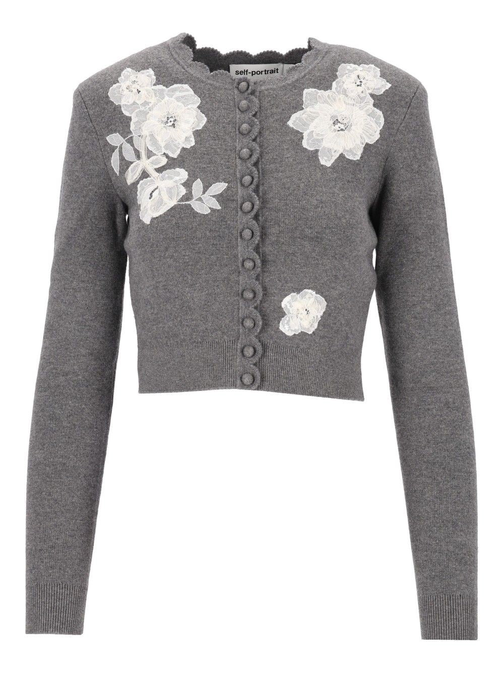 Self-Portrait Knit Cardigan With Lace Flowers - Grey
