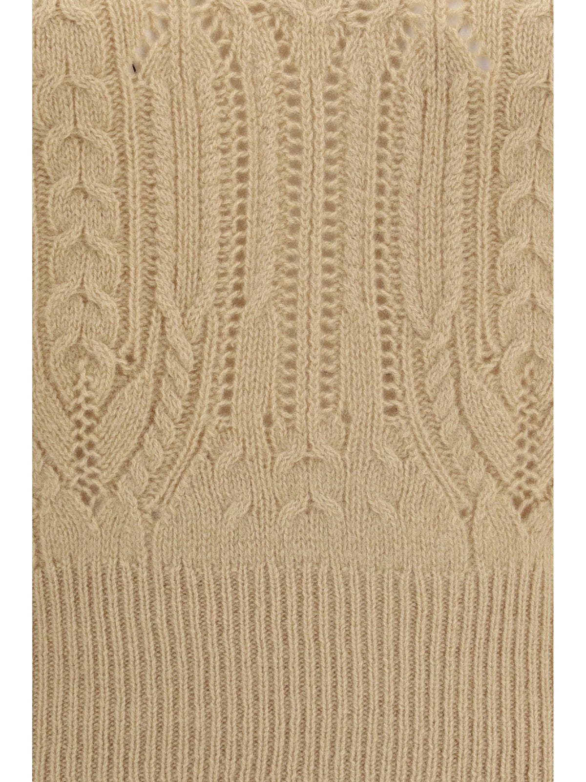 Ermanno Scervino Long sleeve cable knit and openwork cashmere Sweater - Melange Beige