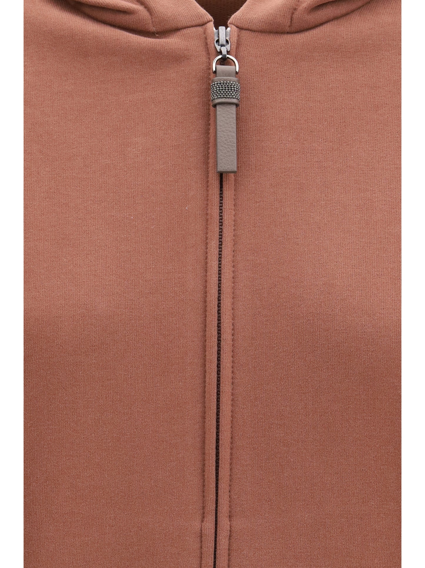 BRUNELLO CUCINELLI Hooded Smooth Cotton Sweatshirt with Shiny Zipper Pull