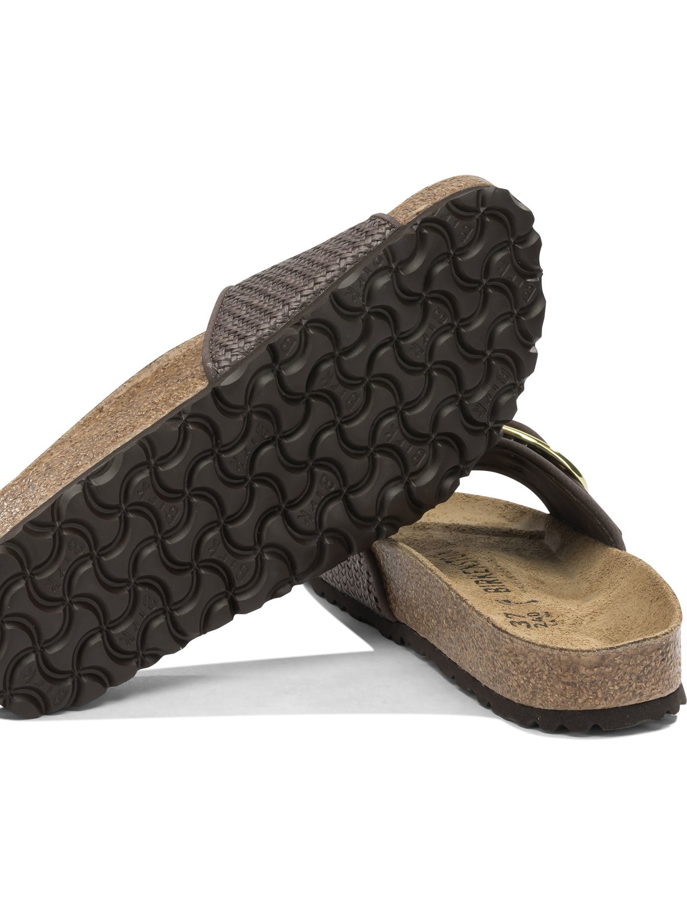 Birkenstock "Madrid Big Buckle Raffia" Slides - Brown