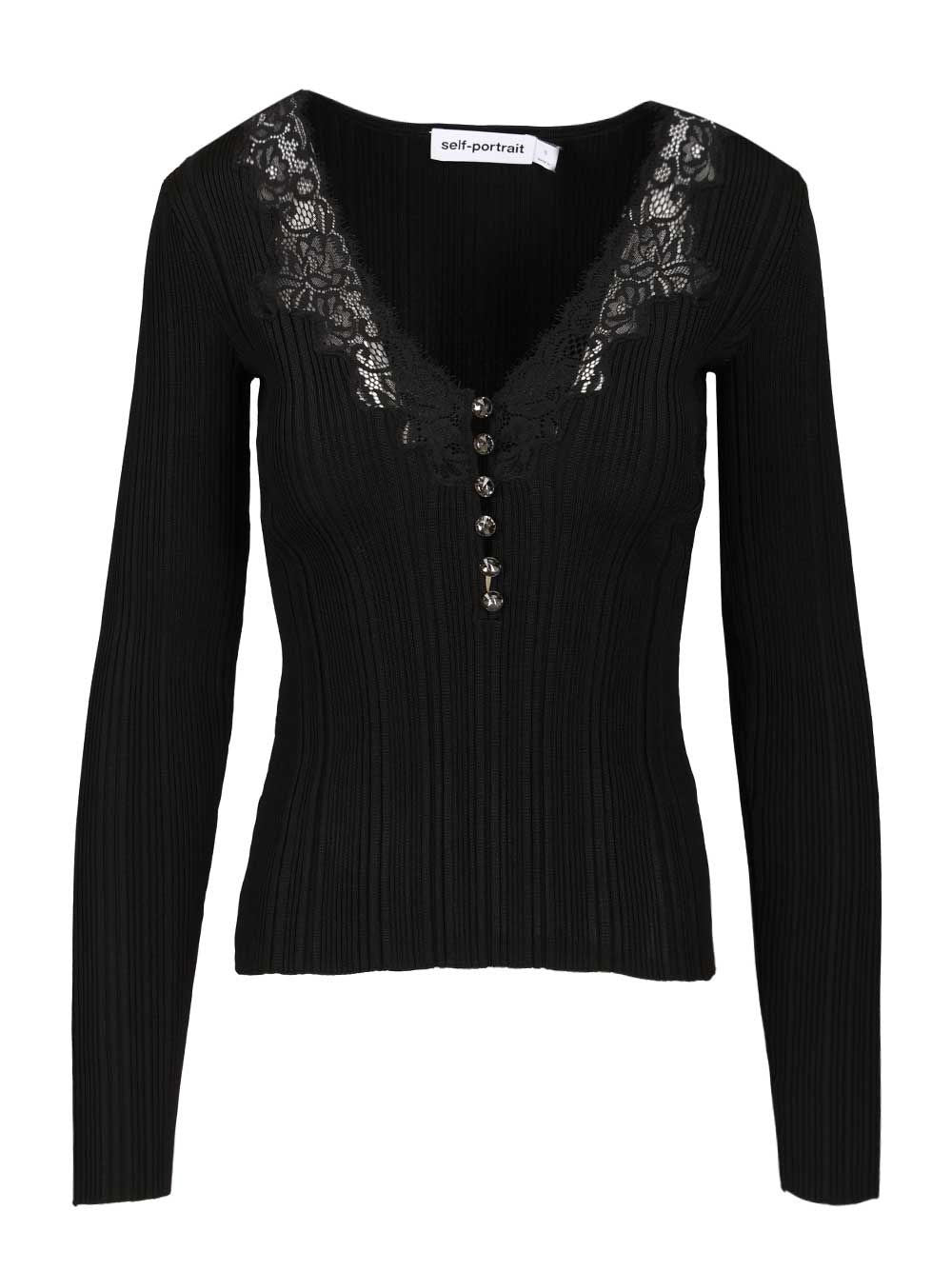 Self-Portrait Lace Knit Top - Black