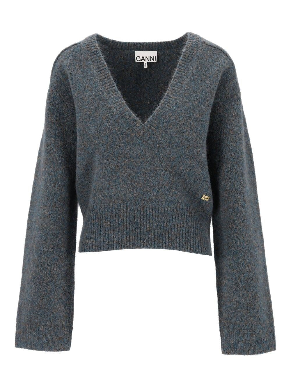 Ganni Deep V-Neck Mohair Sweater - Blue