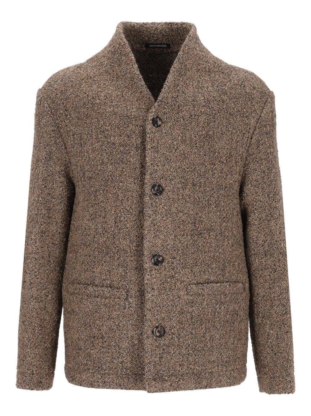 Emporio Armani Single-Breasted Bouclé Wool Blend Jacket - Beige
