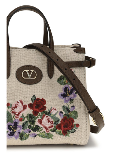 Valentino Garavani Antibes Mini Handbag in embroidered linen - Ecru/Multicolor/Tabac Brown