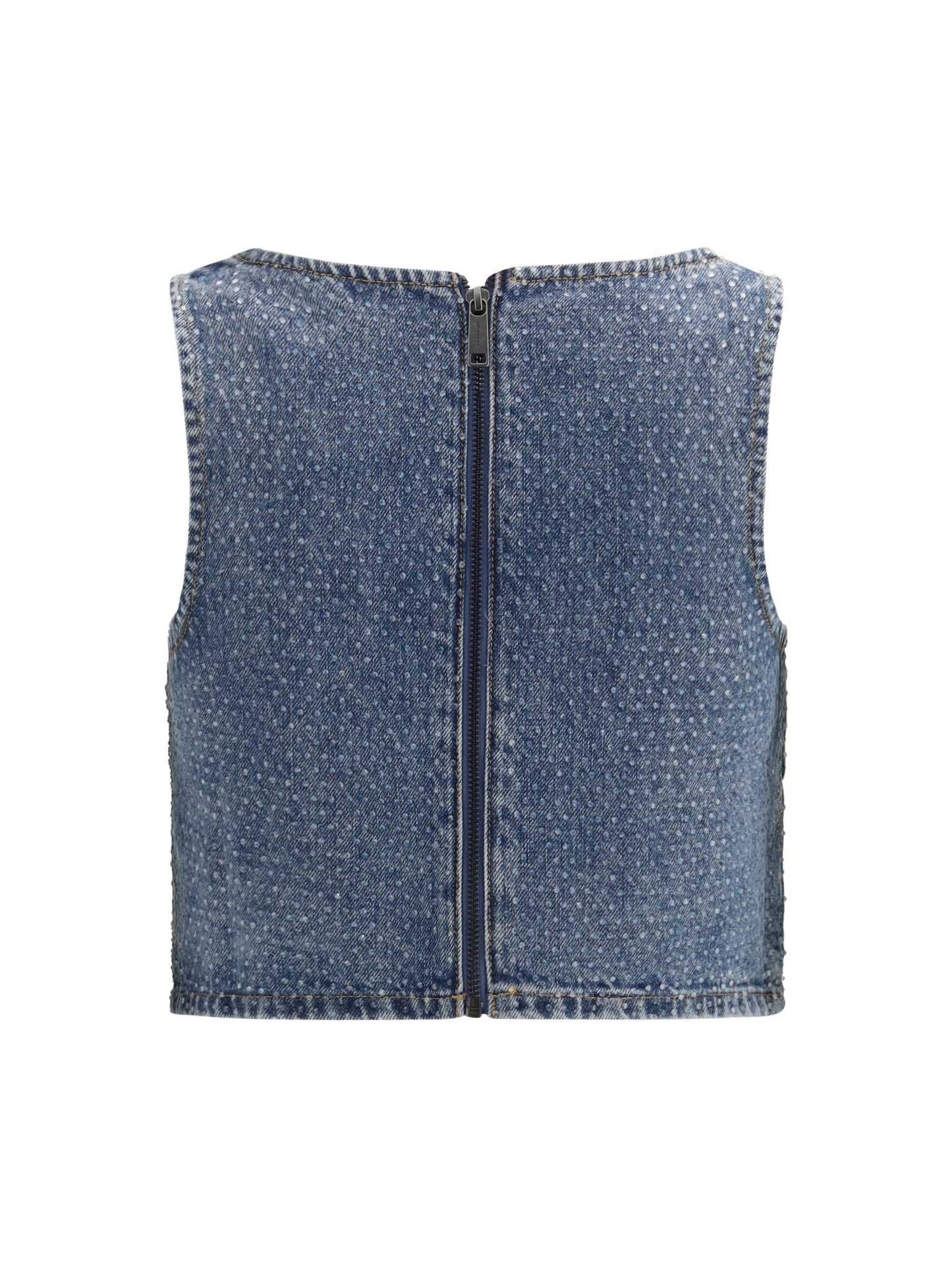 SELF-PORTRAIT Rhinestone denim crop Top