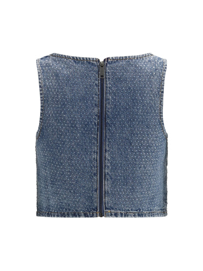 SELF-PORTRAIT Rhinestone denim crop Top