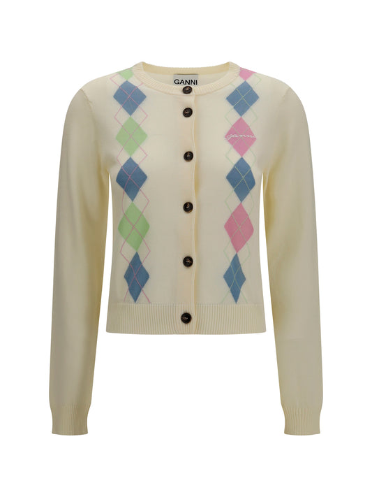 Ganni Diamond-pattern Cardigan - Egret