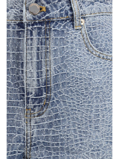 SELF-PORTRAIT Denim Shorts with croc effect and rhinestones