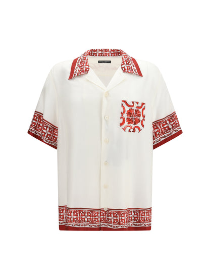 Dolce & Gabbana Hawaii Shirt in jacquard twill with majolica print - Maiolica 5l Rubino