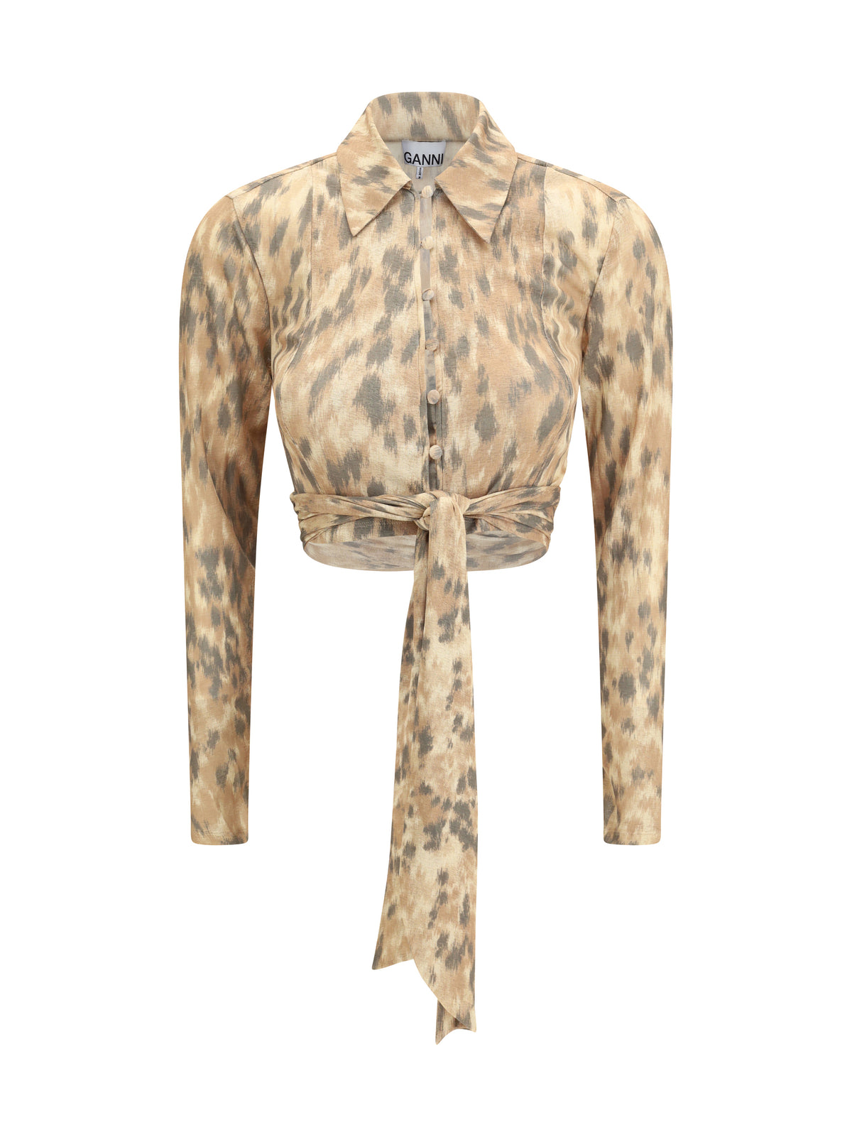 Ganni Printed marl mesh tie Blouse - Burro