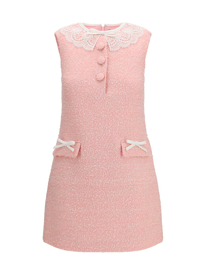 Self-Portrait Bouclé mini Dress with lace collar - Pink