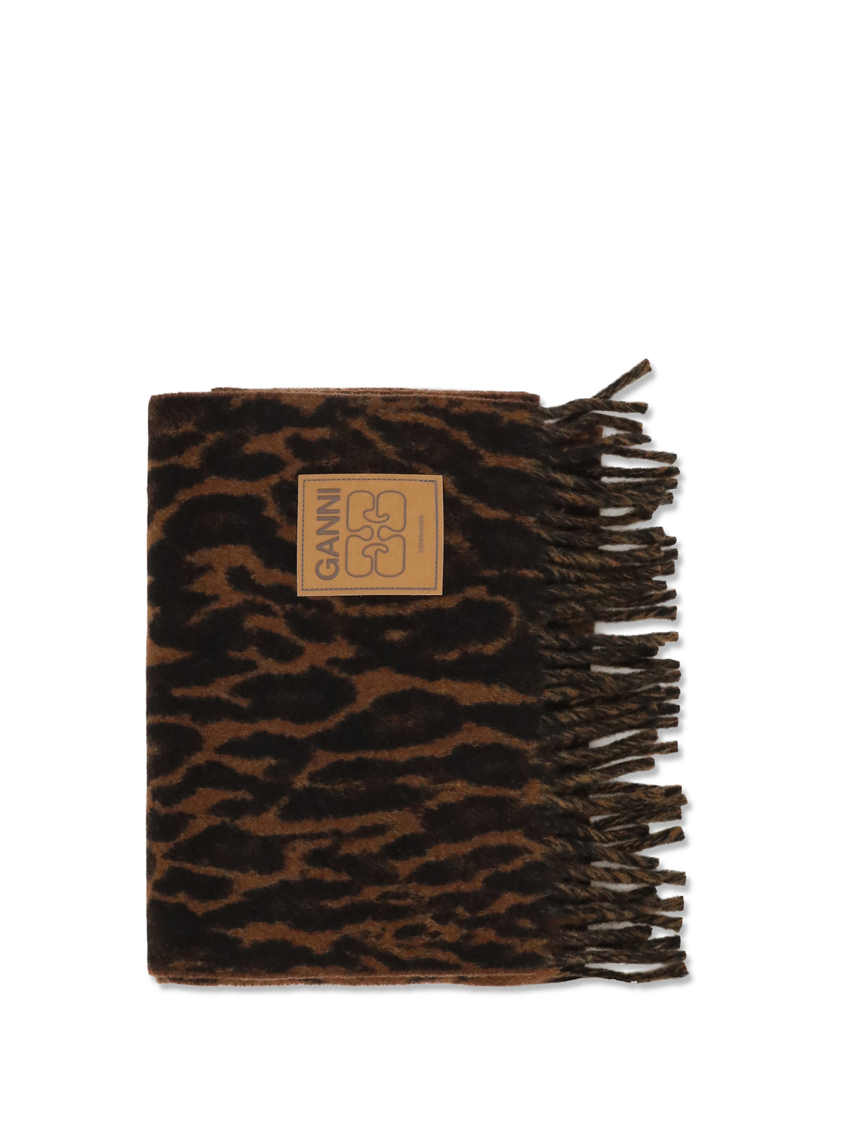 Ganni Leopard print wool Scarf with logo and fringes - Rawhide