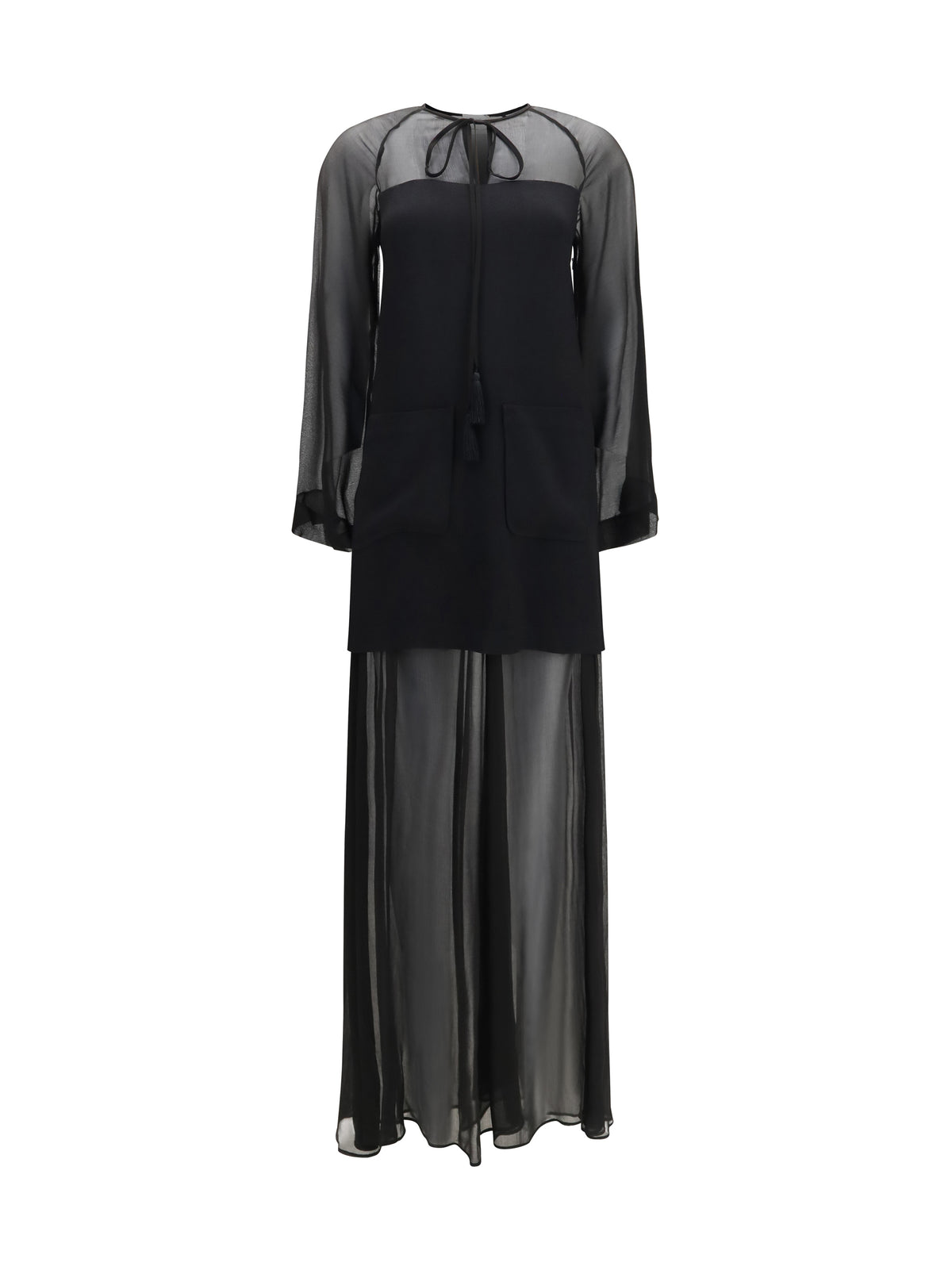 Forte_forte Georgette and crêpe Long Dress with bow and tassels - Black