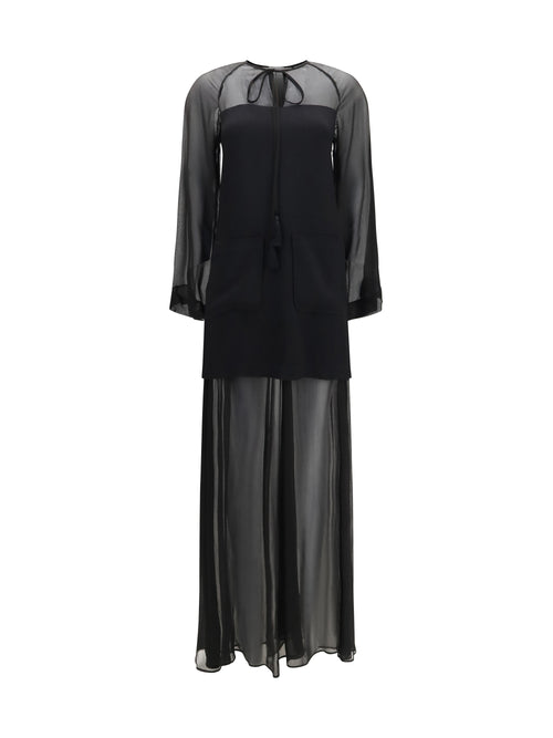 Forte_forte Georgette and crêpe Long Dress with bow and tassels - Black
