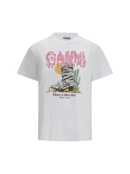 Ganni Western T-shirt with cowboy boots - Bright White