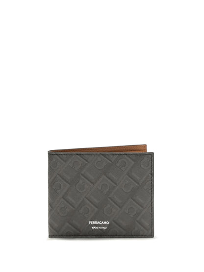 Ferragamo Leather bifold Wallet with Gancini pattern - Grey Patterned Dark