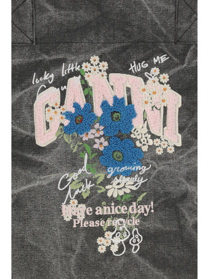 Ganni Medium trapeze flower-print Shopping Bag - Phantom