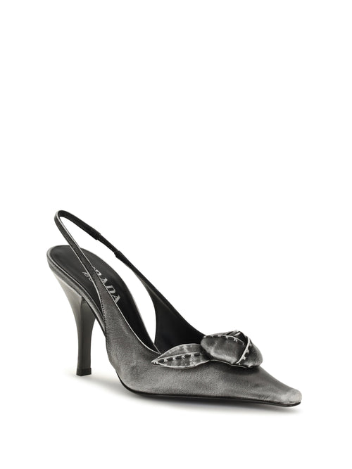 Prada Floral-detail leather Slingback Pumps - Bianco+Nero