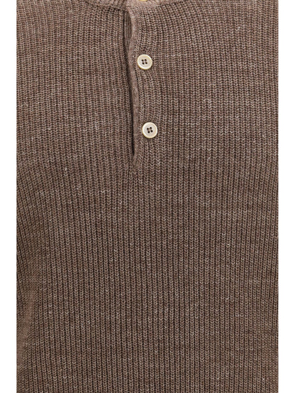 Brunello Cucinelli Cotton and linen henley Sweater - Nocciola+Yuta