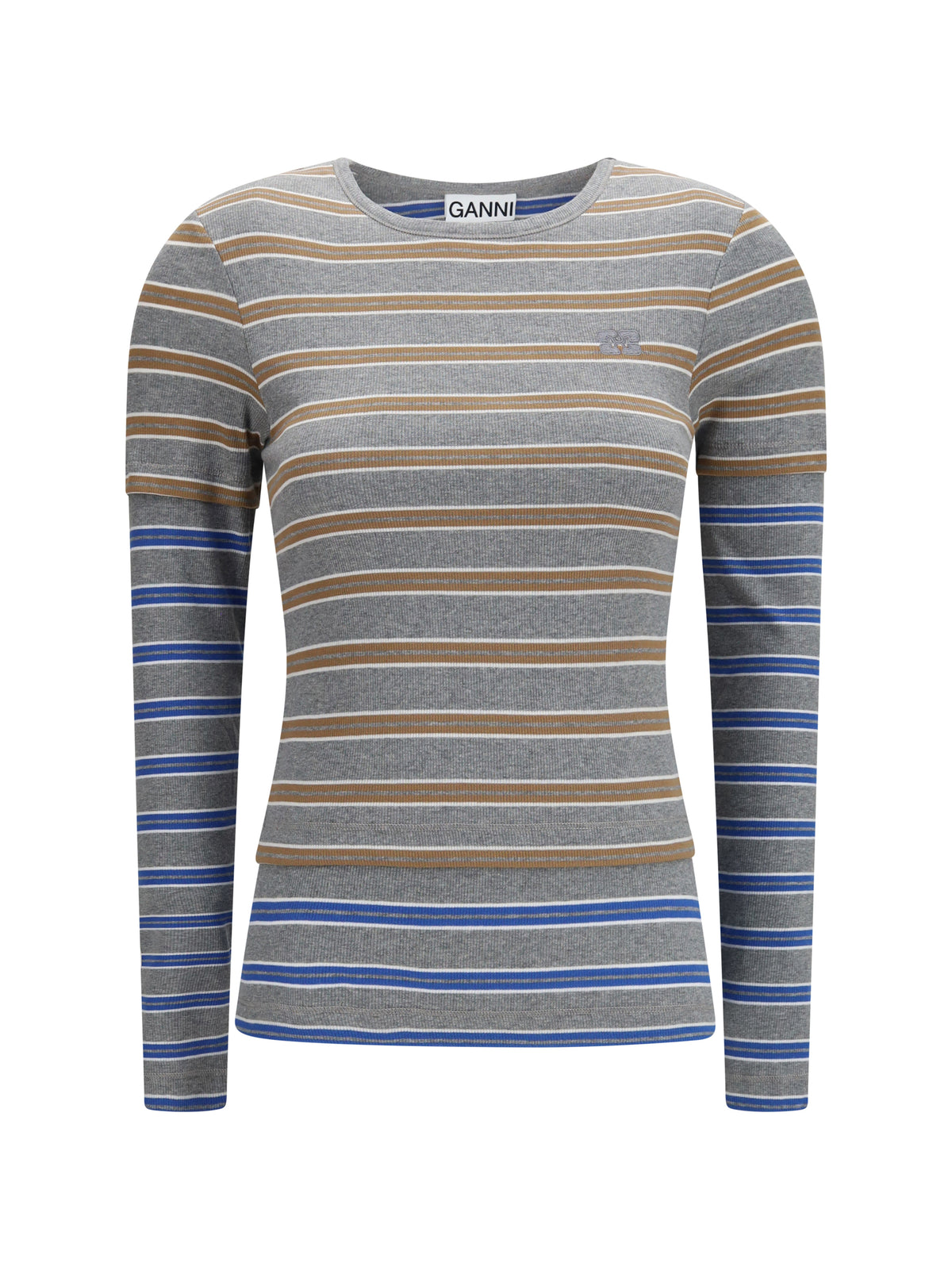 Ganni Double-sleeve striped cotton T-shirt - Strong Blue